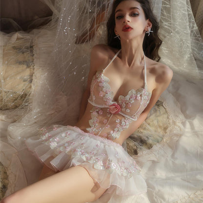 Ruffle accents on pink babydoll lingerie set