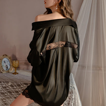 Satin Lace Nightshirt Set – Two-Piece Nightwear with Shirt Dress & Shorts in Black or Whi
