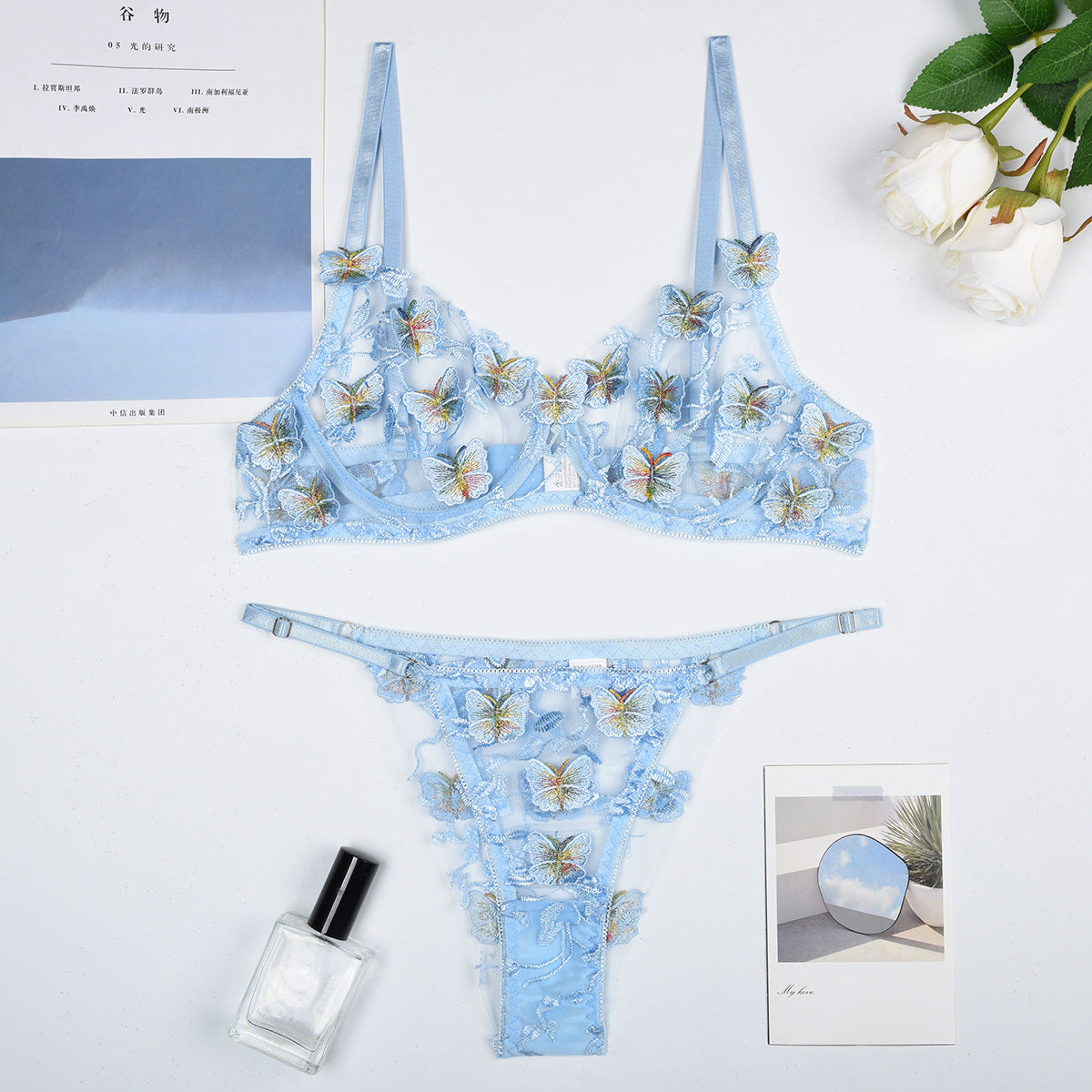Sheer mesh design on bra and panty set