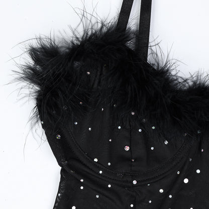 Sheer Mesh Cut-Out Babydoll Lingerie Dress with Rhinestones Feather