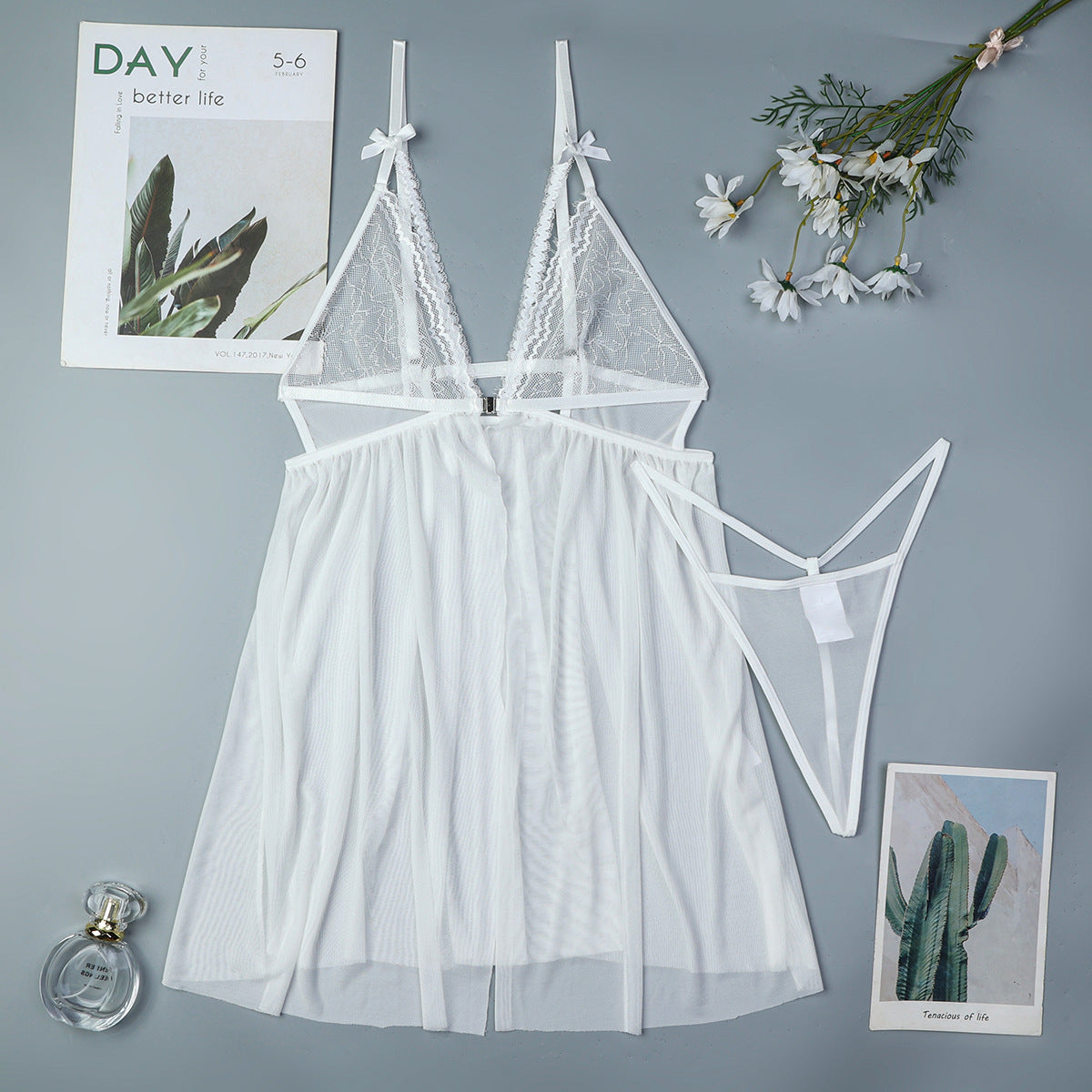 Sheer Tulle Babydoll Spaghetti cute Lingerie Set