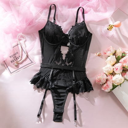 Sheer Lace Garter Bodysuit with Stockings – Sexy Teddy Lingerie Set