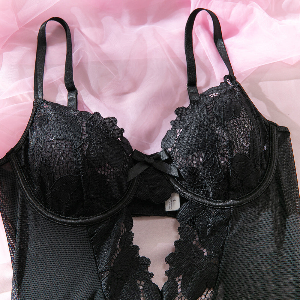 Sheer Lace Garter Bodysuit with Stockings – Sexy Teddy Lingerie Set