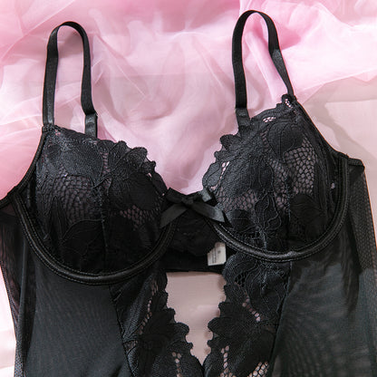 Sheer Lace Garter Bodysuit with Stockings – Sexy Teddy Lingerie Set