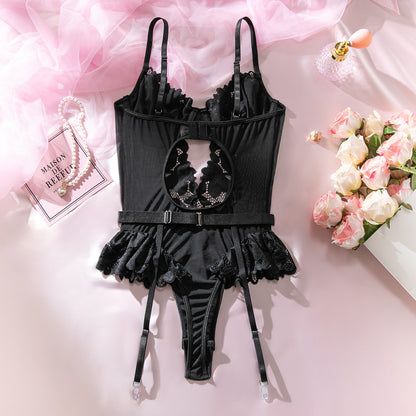 Sheer Lace Garter Bodysuit with Stockings – Sexy Teddy Lingerie Set