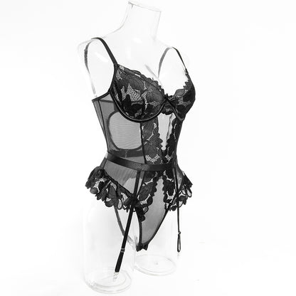 Sheer Lace Garter Bodysuit with Stockings – Sexy Teddy Lingerie Set