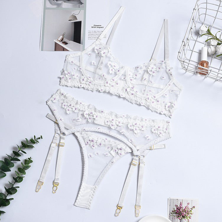 Three-piece lingerie set with embroidered design
