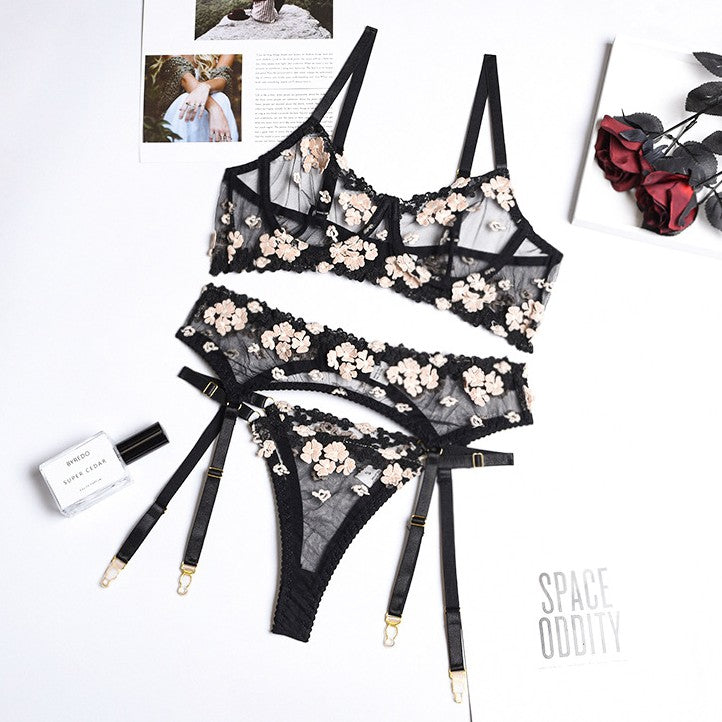 Three-piece lingerie set with sheer mesh details