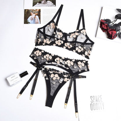 Three-piece lingerie set with sheer mesh details