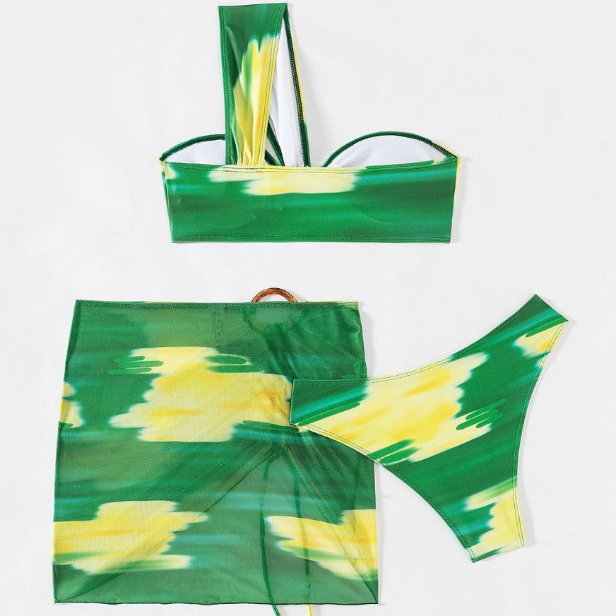 Vibrant 3-Piece Mesh Bikini Set – Strapless Bandeau, High-Waisted Bottom, and Sheer Cover-Up