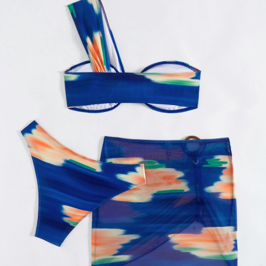 Vibrant 3-Piece Mesh Bikini Set – Strapless Bandeau, High-Waisted Bottom, and Sheer Cover-Up