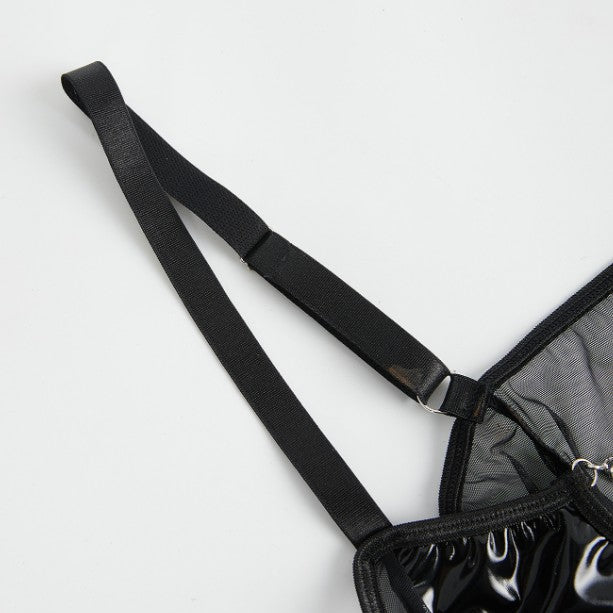 Plus Size Black Faux Leather Cutout Bodysuit with Mesh & Chains