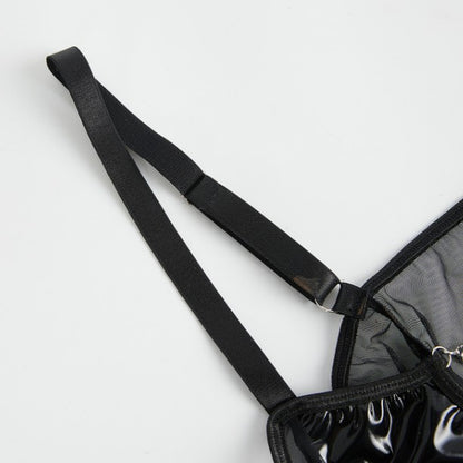 Plus Size Black Faux Leather Cutout Bodysuit with Mesh & Chains