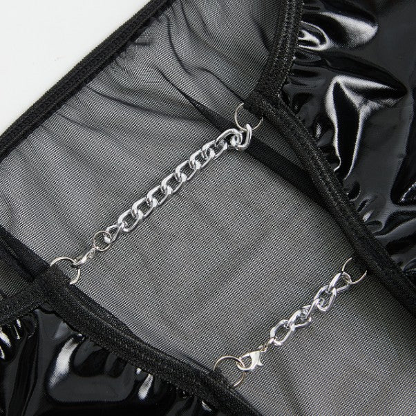 Plus Size Black Faux Leather Cutout Bodysuit with Mesh & Chains