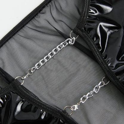 Plus Size Black Faux Leather Cutout Bodysuit with Mesh & Chains