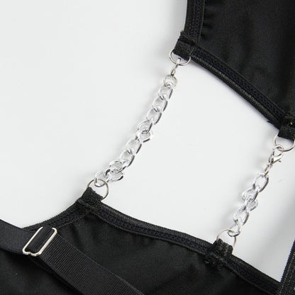 Plus Size Black Faux Leather Cutout Bodysuit with Mesh & Chains