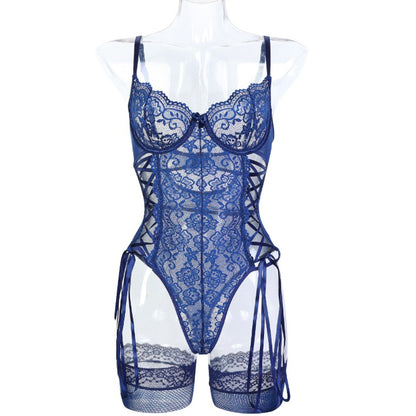 Deep Blue Lace Cutout Teddy Bodysuit Lingerie with Matching Fishnet Stockings – Sexy Vintage Style
