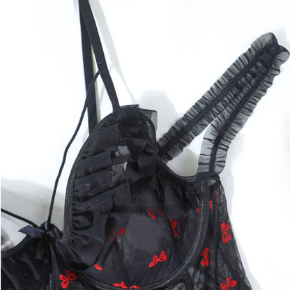 Plus Size Crotchless Lace Lingerie Bodysuit – Sheer Mesh One-Piece with Bows & Ruffle Trim