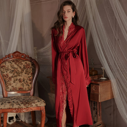 Summer Satin Robe Chiffon Long Section Dressing with Waist Tie
