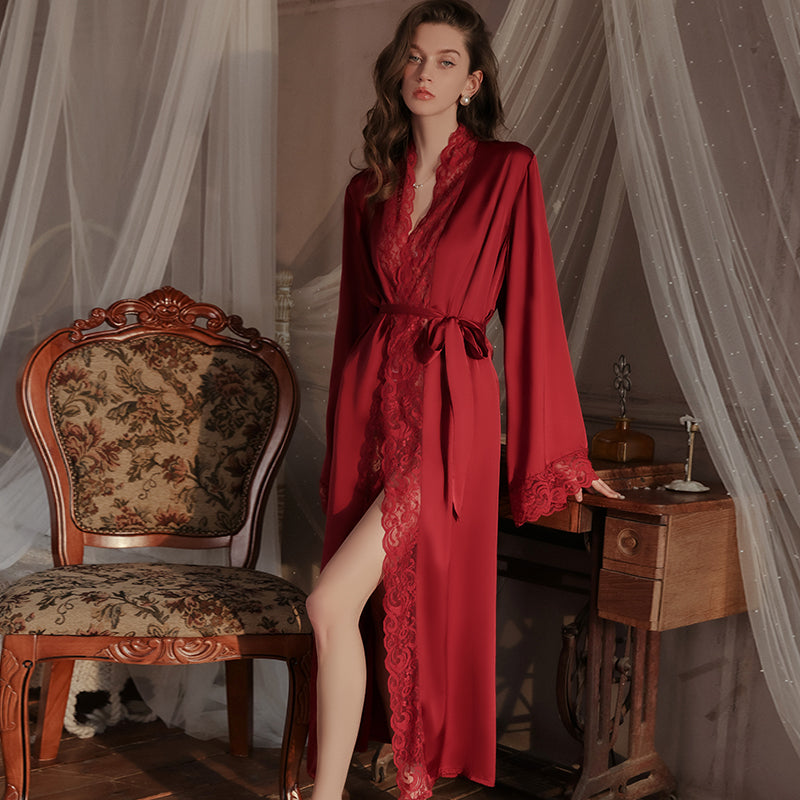 Summer Satin Robe Chiffon Long Section Dressing with Waist Tie