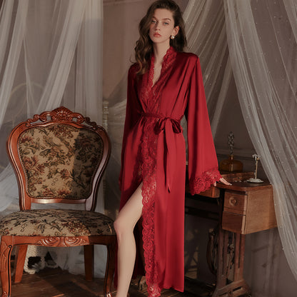 Summer Satin Robe Chiffon Long Section Dressing with Waist Tie