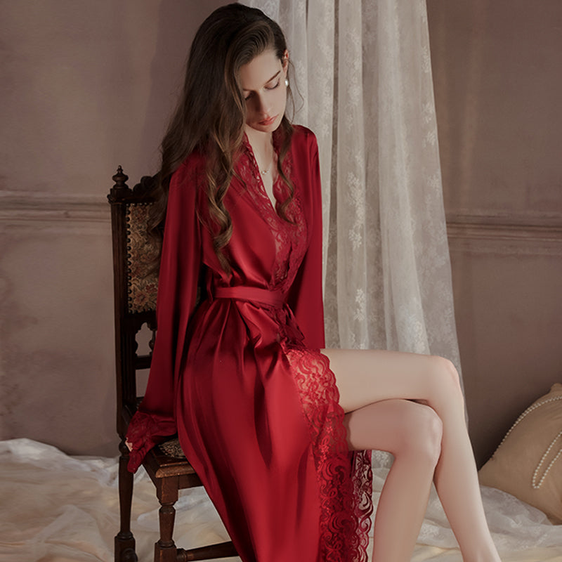 Summer Satin Robe Chiffon Long Section Dressing with Waist Tie
