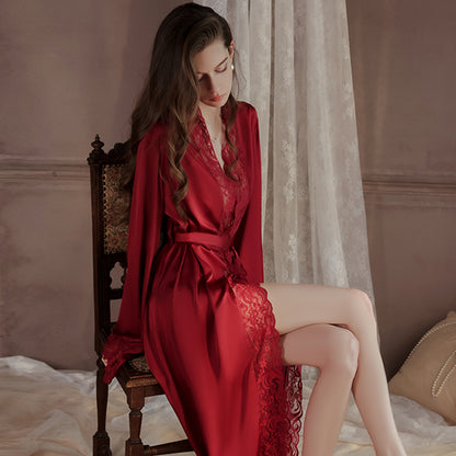 Summer Satin Robe Chiffon Long Section Dressing with Waist Tie