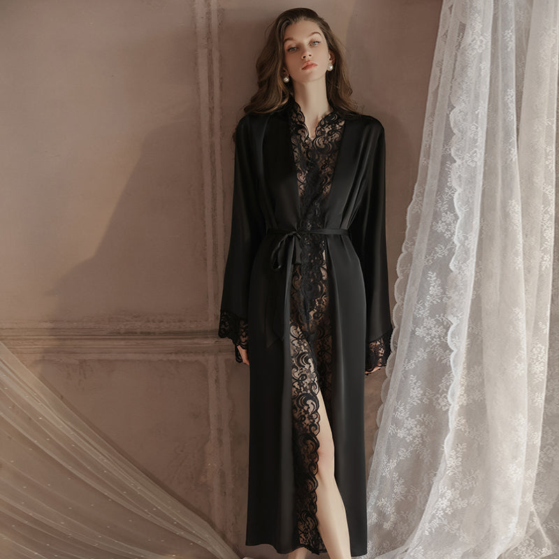 Summer Satin Robe Chiffon Long Section Dressing with Waist Tie