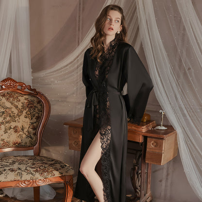 Summer Satin Robe Chiffon Long Section Dressing with Waist Tie