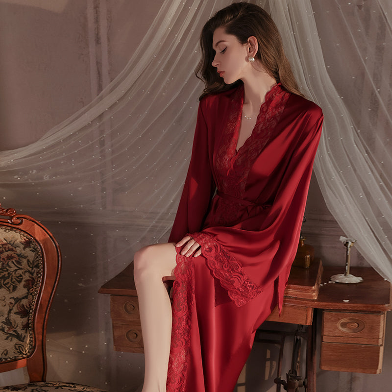 Summer Satin Robe Chiffon Long Section Dressing with Waist Tie