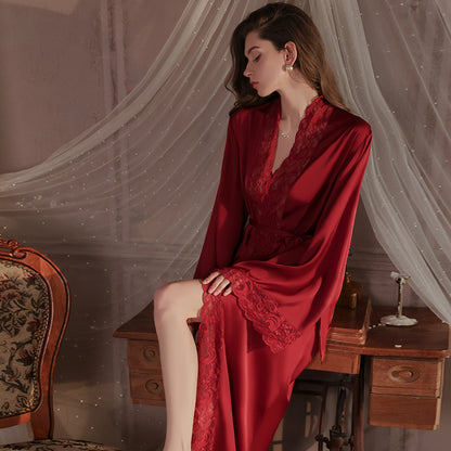 Summer Satin Robe Chiffon Long Section Dressing with Waist Tie