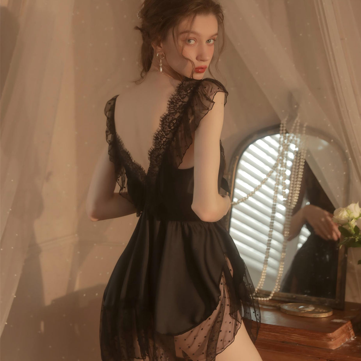 Sweet Dreamy Mesh Nightdress Set – Bow Accents (White/Red/Black) with Matching Thong