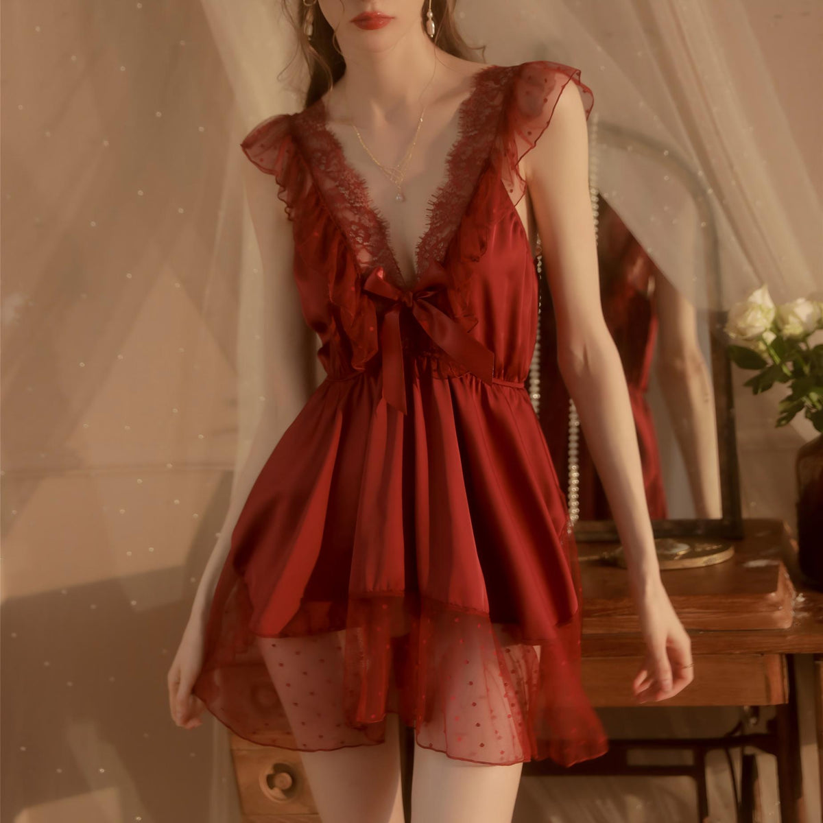 Sweet Dreamy Mesh Nightdress Set – Bow Accents (White/Red/Black) with Matching Thong
