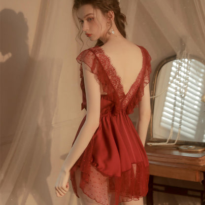 Sweet Dreamy Mesh Nightdress Set – Bow Accents (White/Red/Black) with Matching Thong