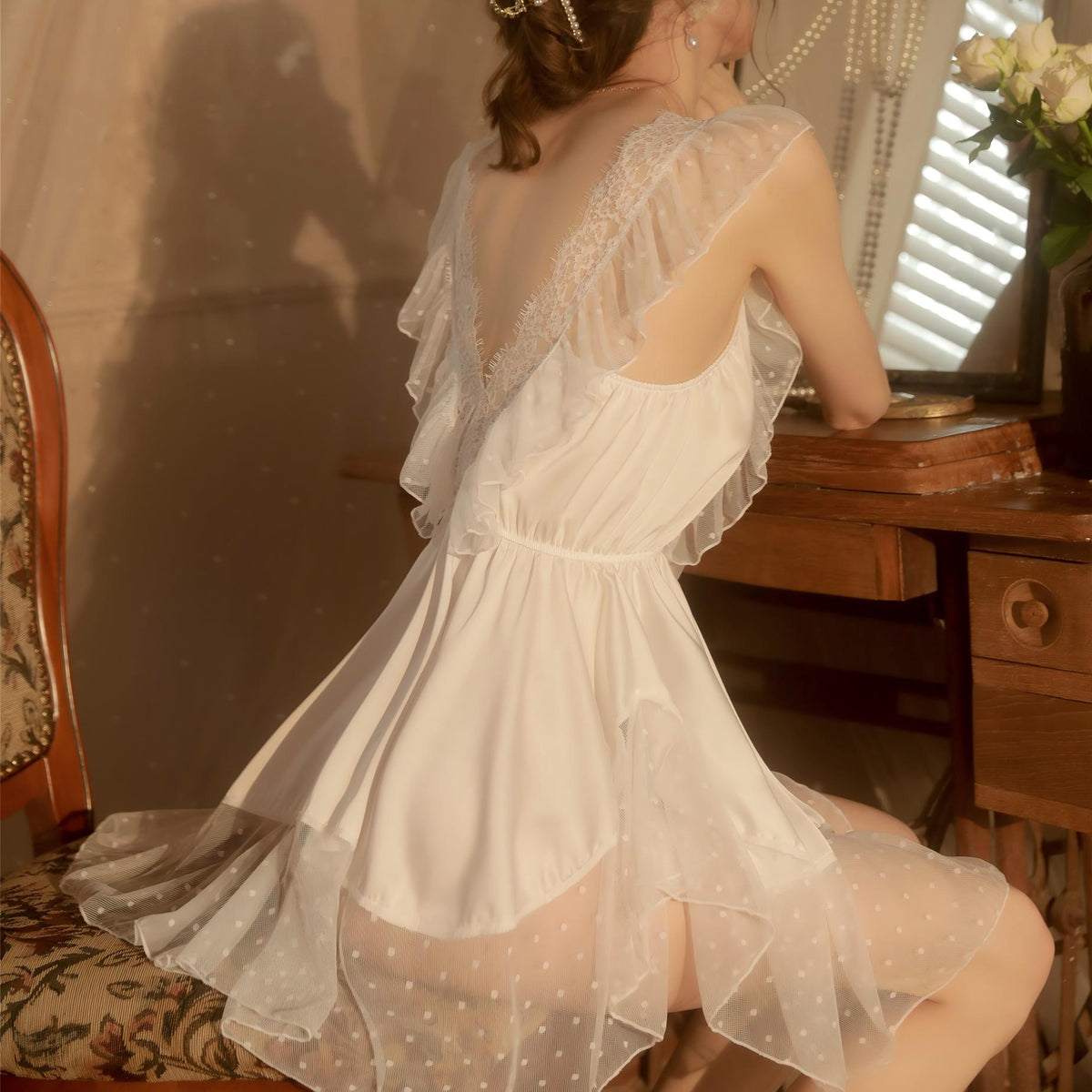 Sweet Dreamy Mesh Nightdress Set – Bow Accents (White/Red/Black) with Matching Thong
