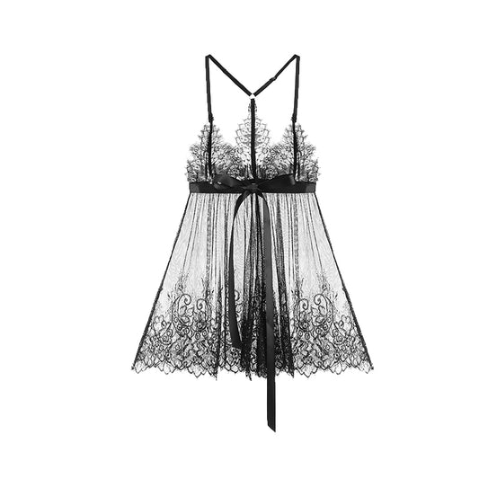 Seductive Lace Mesh Nightgown with Sweet Bow Detail