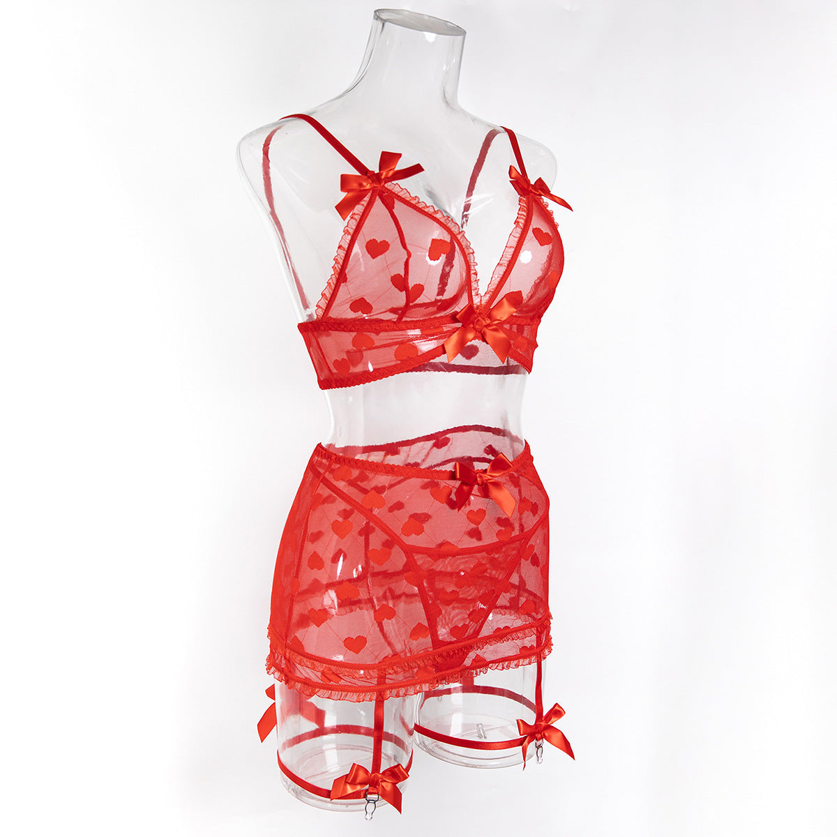 Bow accents on red lingerie set