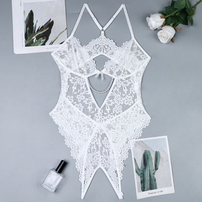 White Lace Pearl Open Crotch Teddy – Sexy Backless Sheer Lingerie Bodysuit for Women