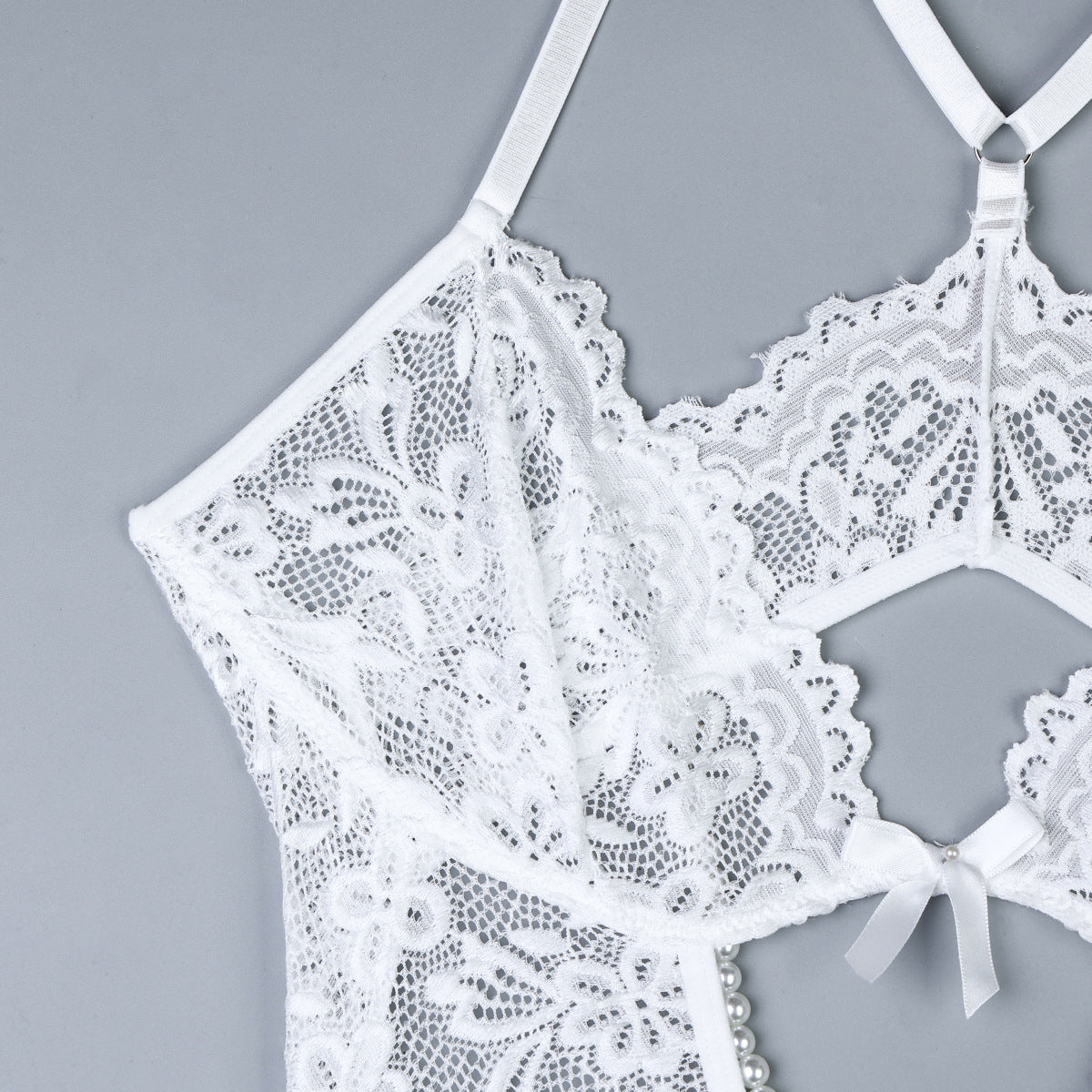 White Lace Pearl Open Crotch Teddy – Sexy Backless Sheer Lingerie Bodysuit for Women