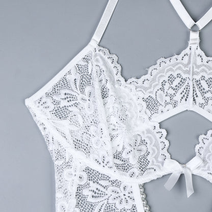 White Lace Pearl Open Crotch Teddy – Sexy Backless Sheer Lingerie Bodysuit for Women