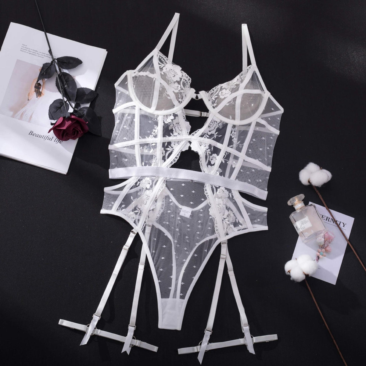 Embroidered Mesh Bodysuit Lingerie – Sheer One-Piece with Strappy Details in White & Blue