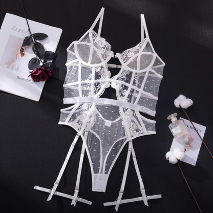 Embroidered Mesh Bodysuit Lingerie – Sheer One-Piece with Strappy Details in White & Blue