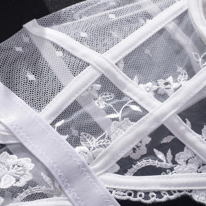 Embroidered Mesh Bodysuit Lingerie – Sheer One-Piece with Strappy Details in White & Blue