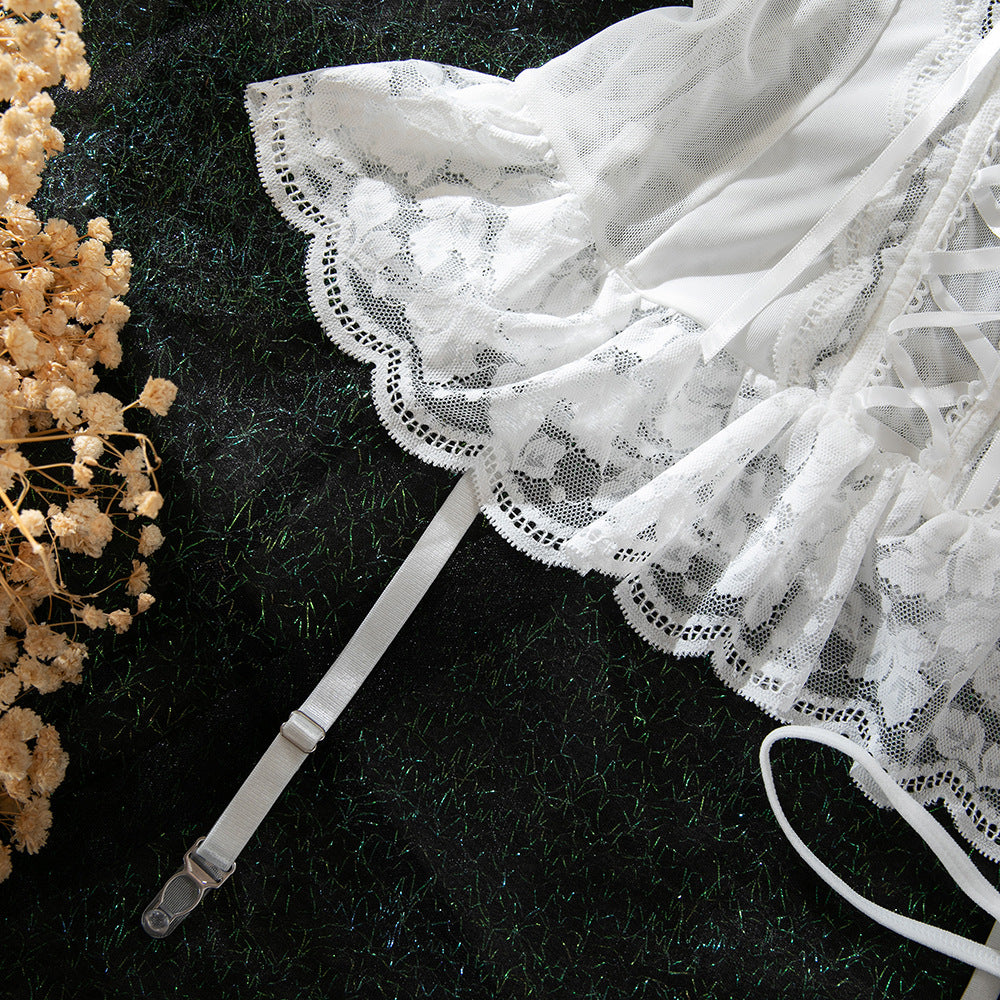 Lace accents on white bra and panty set