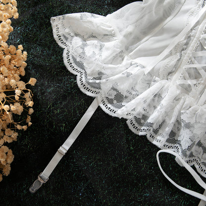 Lace accents on white bra and panty set