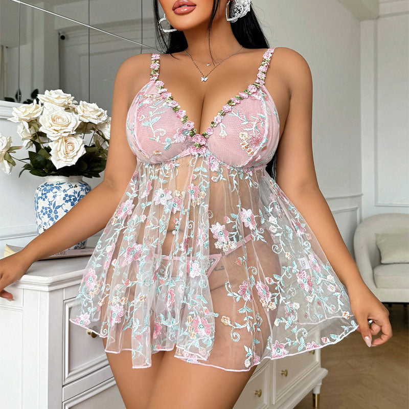 Plus size babydoll lingerie set with sheer mesh details