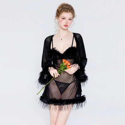 Black lace babydoll nightgown set with sheer robe
