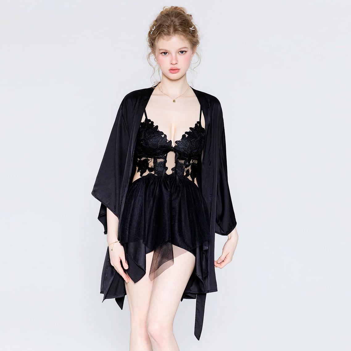 Black lace babydoll nightgown set with sheer robe
