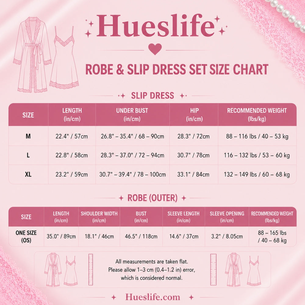 Size guide for Black Satin Nightgown & Robe Set with Pink Lace Trim