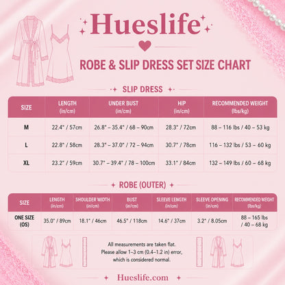 Size guide for Black Satin Nightgown & Robe Set with Pink Lace Trim